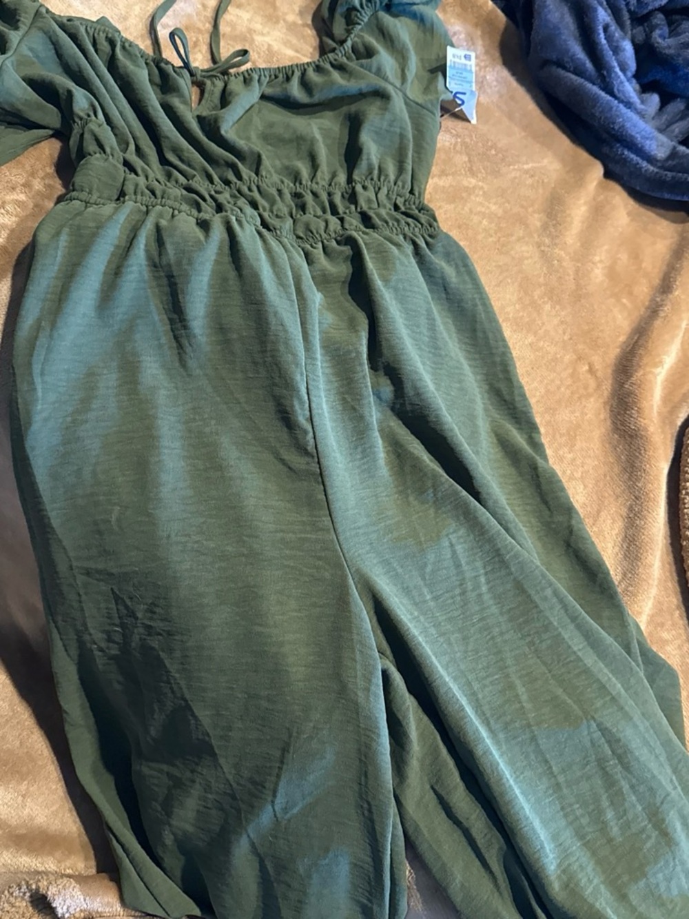 liberty Olive Green Off-Shoulder Jumpsuit with Elastic Waist